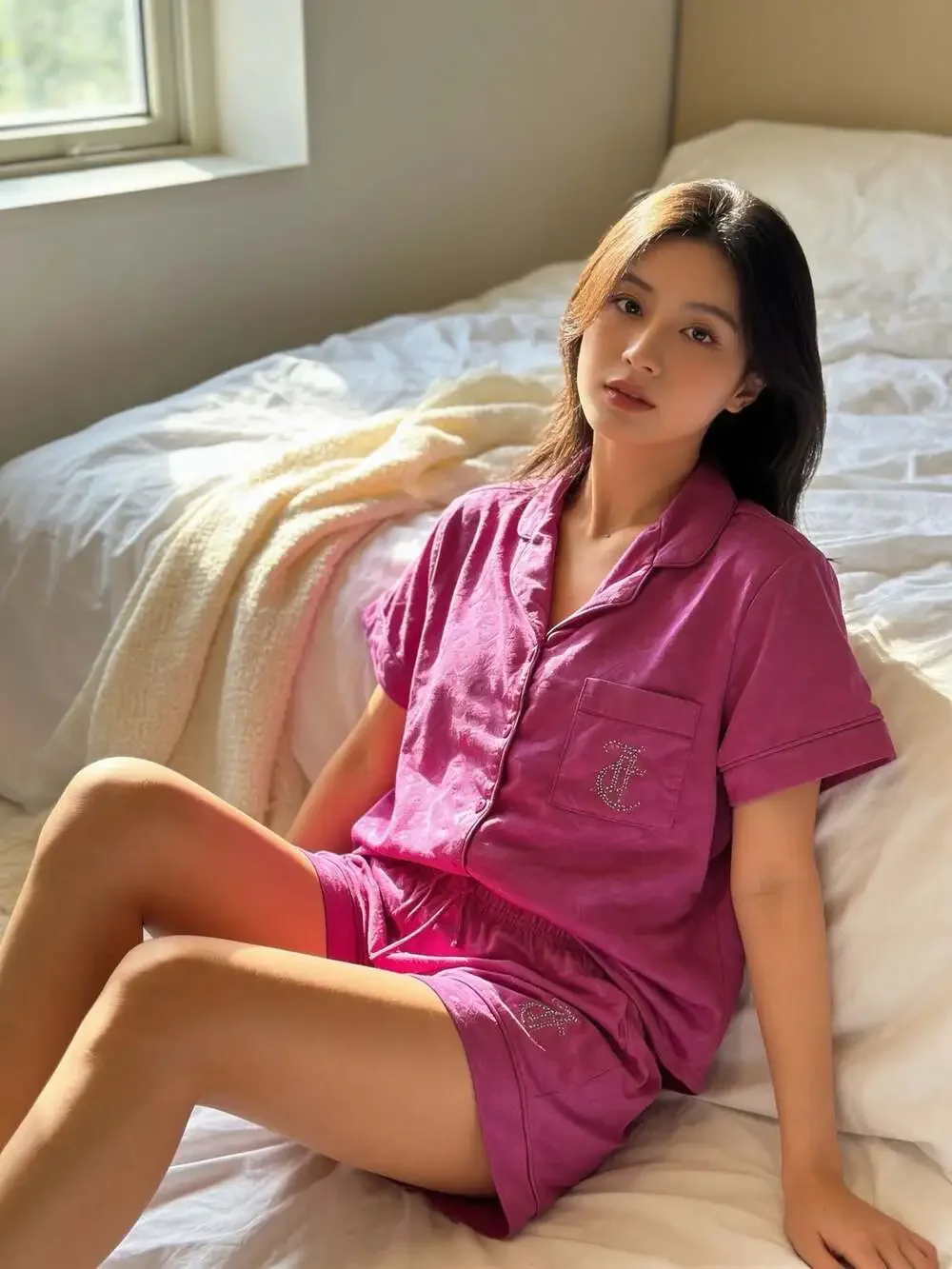 Juicy Couture Women's Two-Piece Short Sleeve Button-Down Pajama Set with Rhinest